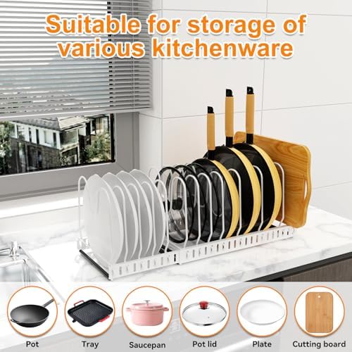 Pot and Pan Organizer Rack for Cabinet, 3 Expandable Pot Lid Organizer Holder with 12 Adjustable Compartment for Kitchen Cutting Board, Pan Lid, Bakeware, White - Image 6