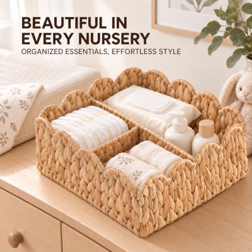 Divided Scalloped Basket,Wicker Diaper Caddy Scalloped Baske,Woven Natural Water Hyacinth Basket with 4 Dividers,Suitable for Baby Rooms, Bathrooms, Bedrooms (Beige) - Image 7