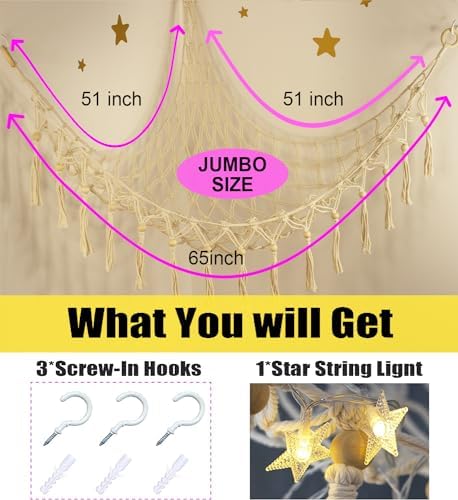 Stuffed Animal Toy Storage Hammock with LED Light-Macrame Jumbo Doll Room Corner Organizer Mesh Decoration-Hanging Storage Nets Kids Bedroom, (X-Large Size) - Image 6