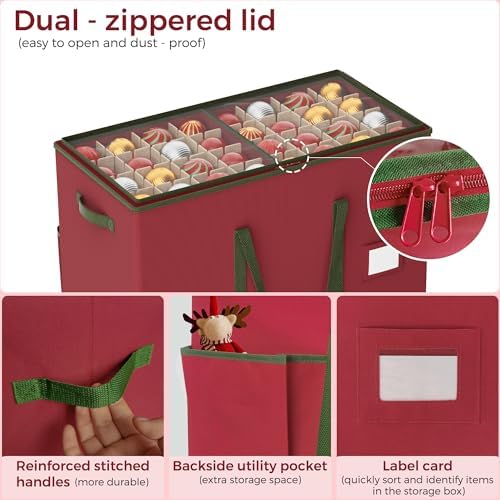 160-3” Large Christmas Ornament Storage Box, Dual Zippers, Stackable Christmas Storage Container with Clear Top Lid, 6 Trays, 600D Oxford, Red - Image 6