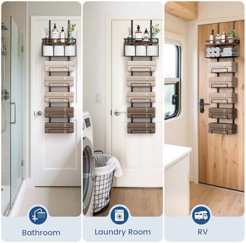 Aetyord Towel Racks for Bathroom Over The Door Towel Racks Towel Storage Organizer with Metal Shelf Basket for Bathroom Rv Camper (7-Tier Black with Brown Plank) - Image 6