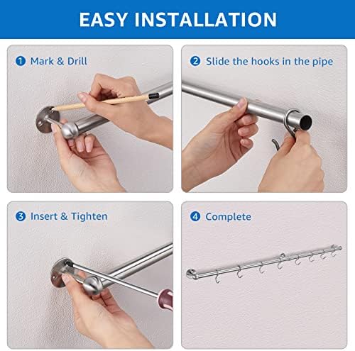 ROTHLEY Hanging Pot Rack Hanger: 39.4 Inch Stainless Steel Pot and Pan Hanger Pot Rack Wall Mounted Hanging Pots and Pans Rack Pot Hangers for Kitchen Wall Kitchen Rail with Hooks (Brushed) - Image 7