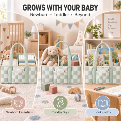 Checkered Diaper Caddy Organizer,Baby Essentials Storage Basket,Green - Image 7