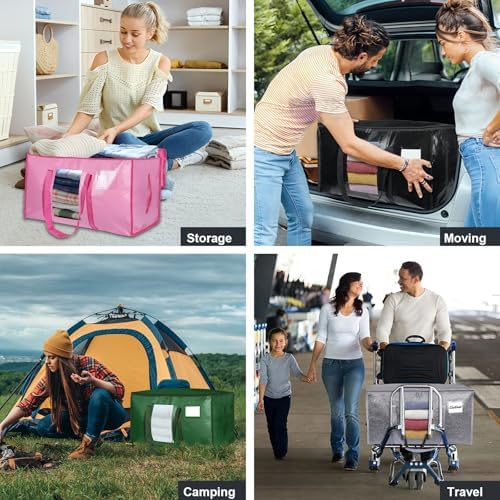 12 Pack Extra Large Moving Bags Heavy Duty 180GSM,130LBS 100L Totes with Visible Window, Zippers & Wrap-Around Handles, Waterproof Reusable, Alt to Moving Boxes, Black - Image 7
