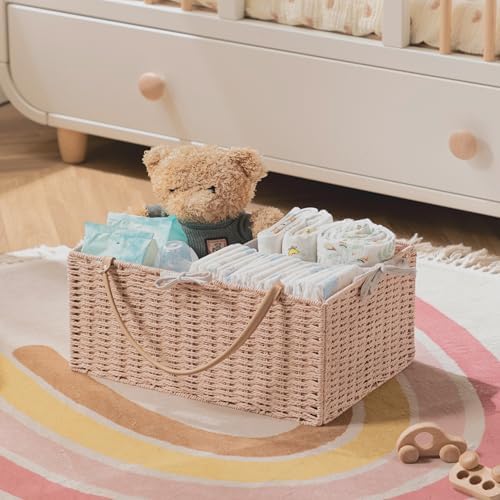 HBlife Large Baby Diaper Caddy Organizer Pink, Paper Rope Storage Baskets Nursery Bin with Removable Divider, Portable Car Organizer for Diapers, Baby Shower Gifts, Newborn Essentials Must Haves - Image 6