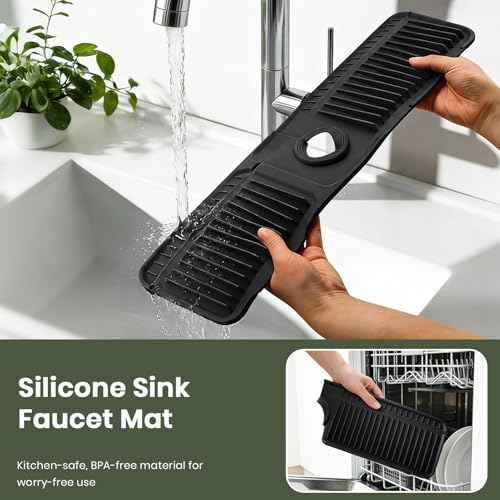 2PCS 24 Inch Faucet Mat for Kitchen Sink, Silicone Splash Guard for Kitchen Sink Area, 7° Slope Fast Self-Draining Sink Mat, Cuttable Hole Design, Sink Backsplash Guard Draining Mat, Black - Image 7