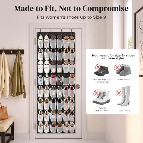 48 Pockets Over the Door Shoe Organizer, 1 Pack, 6-Column Heavy Duty Shoe Storage for Sneakers and Heels, Color Block Mesh Hanging Rack for Entryway or Bedroom, Black with White Accents - Image 7
