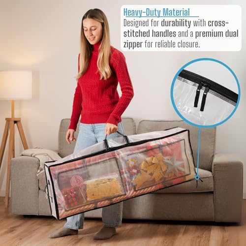 VENO Clear Wrapping Paper Organizer Storage Box for Christmas Gift Bags and Holiday Accessories, Underbed Storage Container with Interior Pockets, 40 Inches Long Fits 24 Rolls - Image 6
