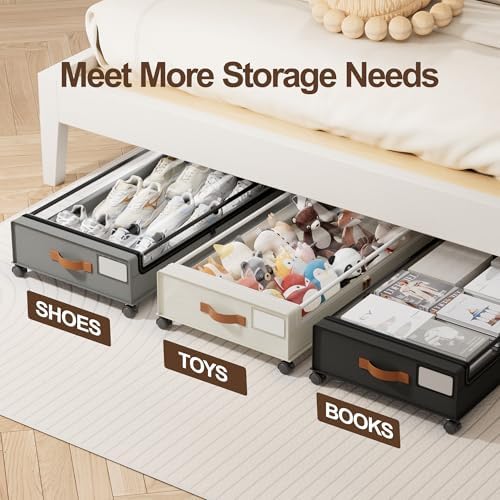 LAMU Under Bed Storage with Wheels, 2Pack Underbed Storage Containers,Beige - Image 6