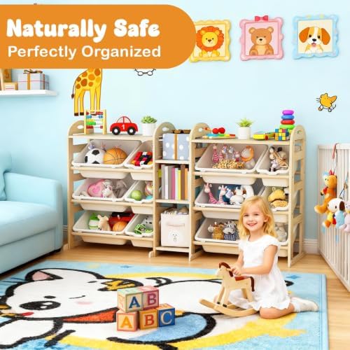 Toy Storage Organizer, 59.6" W White 5-Shelf Bookcase/Bookshelf with 12 Toy Bins, Large Toy Organizers and Storage, Toy Box for Playrooms, Bedrooms Organization - Image 6