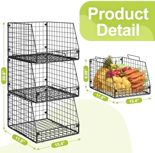 3 Pack XXL Stackable Wire Baskets, Large Storage Bins for Onion, Potato, Vegetable, Fruit, Snack, Pantry Baskets for Kitchen Cabinet Countertop, Pantry Organizers and Storage Solutions - Image 7