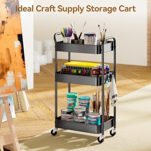 YASONIC 3-Tier Metal Rolling Cart Utility Carts with Wheels Black - Image 7