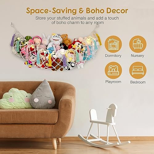 Stuffed Animal Net or Hammock, Large Stuffed Animal Storage Macrame Toy Hammock Hanging Corner Net for Stuffed Animals, Plushie Net Hammock with Star Lights for Boho Kids Room Nursery Playroom Decor - Image 6