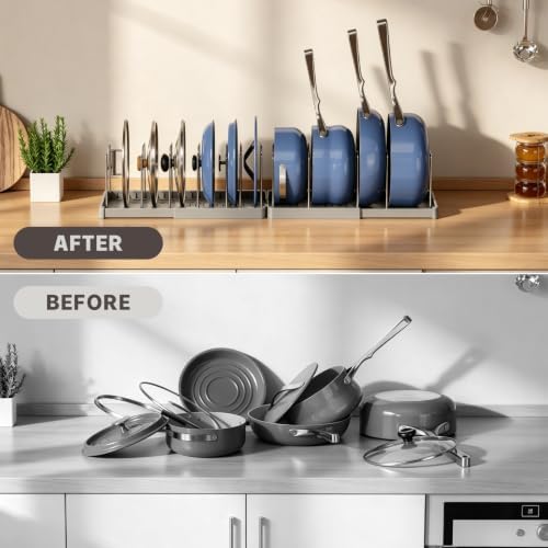 Magheo 2 Pack Expandable Food Storage Container Lid Organizers, 31.3" Pots and Pans Organizer Under Cabinet with 12 Adjustable Dividers Pot and Pan Lid Holders Rack Inside Cabinet(Gray) - Image 6