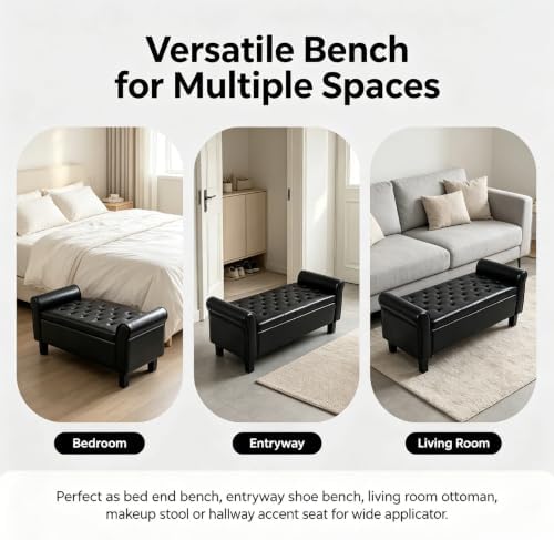 51 Inch Black Faux Leather Storage Ottoman Bench with Rolled Armrests - Image 7
