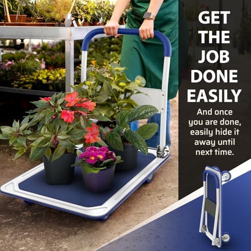 Heavy Duty Foldable Push Cart Dolly | 660 lbs. Capacity | Upgraded Collapsible Hand Truck Folding Platform with Swivel Wheels | Flat Bed Moving Wagon | Space Saving Push Handle (Blue) - Image 6