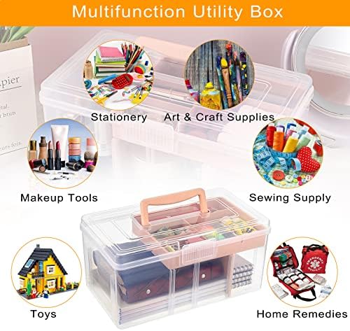 BTSKY 2 Layer Clear Plastic Dividing Storage Box with Removable Tray Multipurpose Stationery Storage Box with Handle Portable Sewing Boxes Art Craft Supply Organizer Home Utility Box(Big Pink) - Image 6