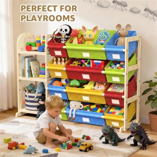 Toy Storage Organizer with 3 Shelves and 12 Bins, Bookshelf/Bookcase, Kids Bin Shelf, Toys Box for Playroom Organization for Bedroom & Room, 47.4" W (Four-color) - Image 7
