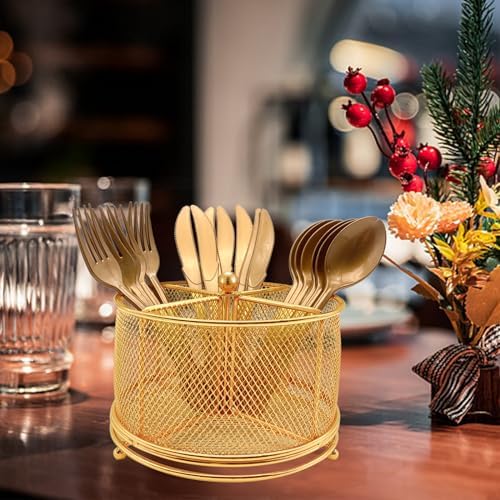 DysanVica 360° Rotating Metal Utensil Caddy - 4 Compartment Silverware Cutlery Holder Rotation Fork Spoon Napkin Organizer Flatware Storage Basket Party Countertop Buffet Picnic Camping Outdoor Gold - Image 6