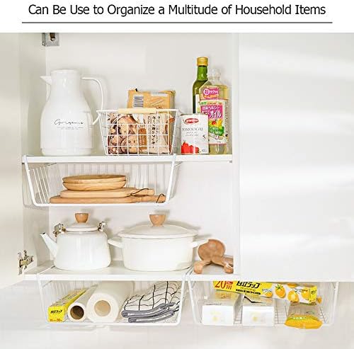 4 Pack Under Shelf Basket, Dveda Durable Metal Wire Rack Hanging Shelf Storage Basket, Under Cabinet Organizer Shelf for Kitchen/Pantry/Bathroom/Desk - Slide Arms Height:1.45 in(White) - Image 7