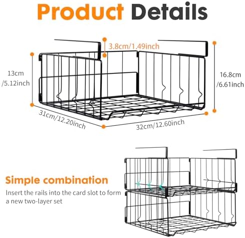 Under Shelf Basket Storage, Steel Under Shelf Hanging Wire Baskets Shelves for Laundry Room Kitchen Desk Pantry Bookshelf (Black, 4 Pack) - Image 7