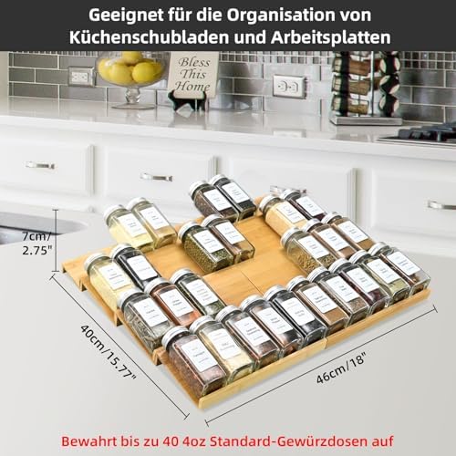 Spice Drawer Organzier,4 Tiers- 8Pcs Bamboo Spice Rack Tray Insert for Cabinet Drawer Countertop, Kitchen Seasoning Storage Drawer Organization,18" Wide x 15.8" Deep (Hold UP To 40 Jars - Image 6