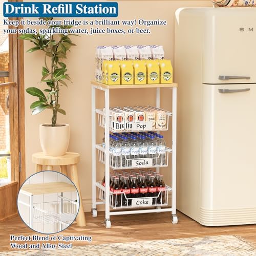 OKZEST 4-Tier Kitchen Storage Cart with 3 Upgraded Drawer Basket & Wood Top - Image 6