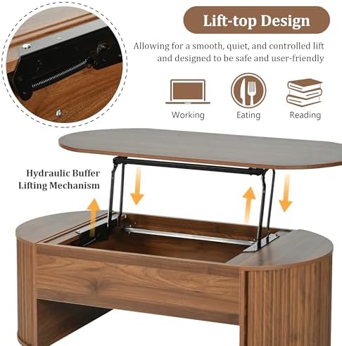 Merax 47.2'' Lift Top Oval Coffee Table with Hidden Storage Compartment, Modern Wooden Center Table with Oval Lift Tabletop for Home Living Room, Brown - Image 7