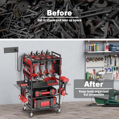 JUNNUJ Garage Large Power Tool Organizer Cart with 20A Charing Station, Heavy Duty Drill and Tools Battery Holder Storage Rack, Floor Standing Rolling Tool Cart on Wheels, Red - Image 7