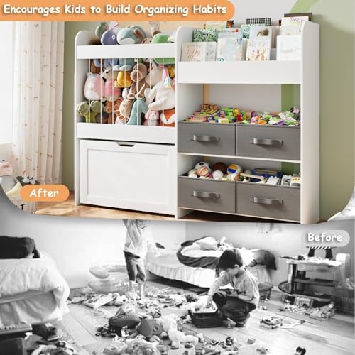 51.1" W Large Toy Storage Organizer with Stuffed Animal Storage, Kids Bookshelf with 4 Removable Toy Bins, Movable Toy Box with Buildable Baseplate Lid for Bricks, Ideal for Kids Room Playroom Bedroom - Image 6