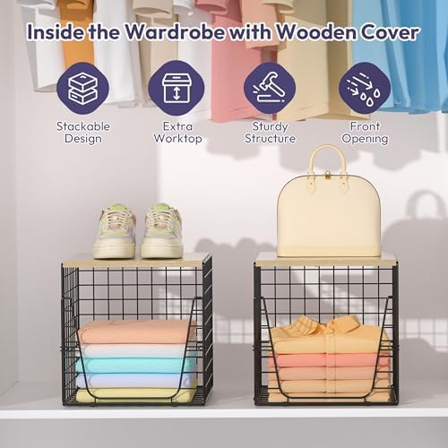 SWTYMIKI 2PCS Closet Organizers and Storage - Stackable Closet Basket with Wood Top Shelf, Clothes Storage Shelves, Clothes Drawer Bins for Wardrobe, Bedroom, Entryway, Black - Image 6