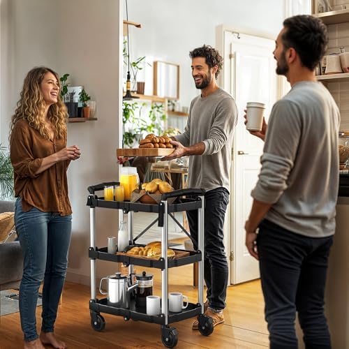 DWVO 3-Tier Foldable Service Cart with Swivel Wheels & Brake, 240LBS - Image 6