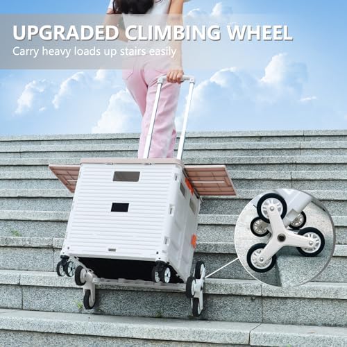 Foldable Utility Cart with Stair Climbing Wheels,Collapsible Rolling Crate with Magnetic Lid Telescopic Cover,Telescoping Handle,360° Rotate Wheel Hand Cart for Teacher Shopping Moving(Milky White) - Image 7