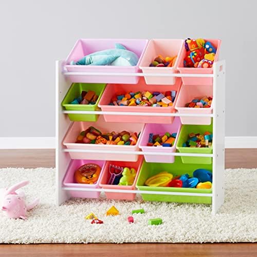 Amazon Basics Kids Toy Storage Organizer with 12 Plastic Bins, White Wood with Pink Bins, for Bedroom and Playroom, 33.85"D x 12.79"W x 35.42"H - Image 6