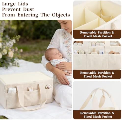 Corduroy Baby Diaper Caddy Organizer with Lid, Gift Basket for Baby Shower - Image 7