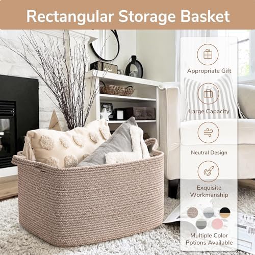 Goodpick Large Woven Rope Blanket Basket, Rectangle, Brown, 75L - Image 7