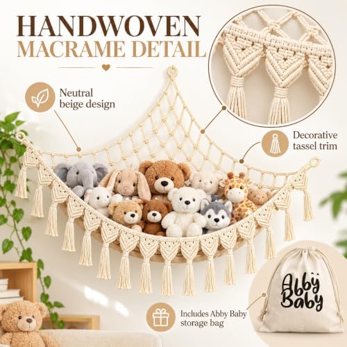 Abby Baby Extra Large Stuffed Animal Hammock with LED Lights 100% Natural Cotton Macrame Toy Storage Net for Plushies & Squishmallows Boho Macrame Corner Organizer for Kids’ Room or Nursery (Beige) - Image 6