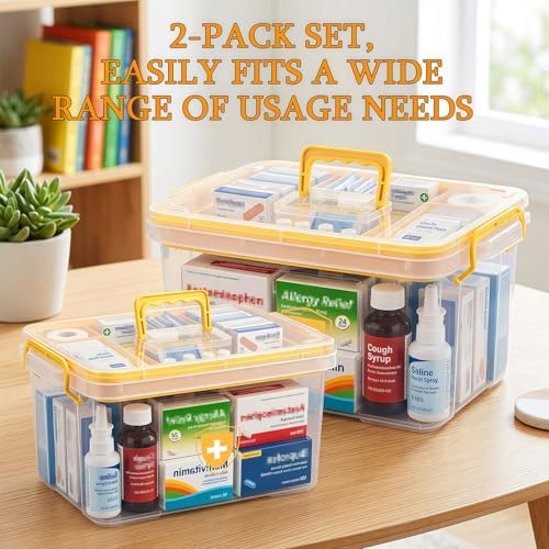 2 Pack Clear Medicine Organizer Box with Handle, Plastic Medicine Container with Tray First Aid Box Empty, Thickened Medicine Storage Organizer Multipurpose Medication Organizer Storage, Yellow - Image 6