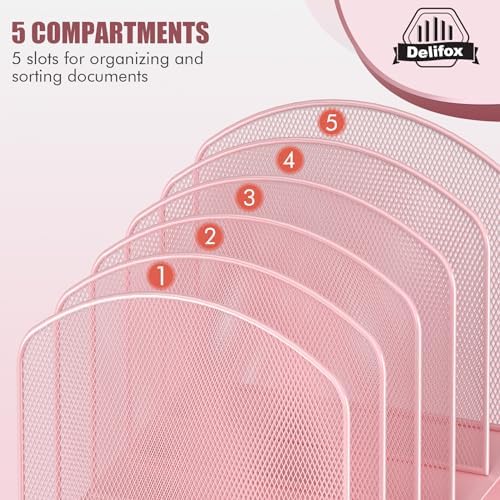 Delifox Inclined Desk File Organizer,Vertical File Folder Holder Stand Metal Rack File Sorter for Office Classroom Desktop Organization (1, Pink, 5) - Image 6