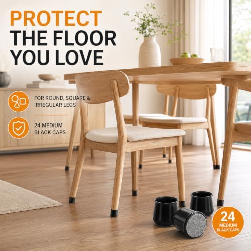 Chair Leg Floor Protectors w/Felt Pads 24-Pack – Stretch Silicone Furniture Caps for Hardwood Floors | Noise-Reducing No-Scratch Chair Covers (Medium, Fits Round & Square) - Image 7
