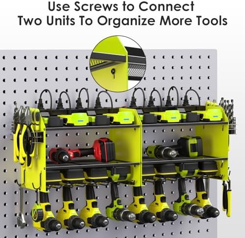 CCCEI Modular Power Tool Organizer Wall Mount Charging Station, Green 6 Drills Holder with 8 Plug Power Strip 6FT, Garage Drill Battery Heavy Duty Metal Shelf, Utility Rack with Hooks, Side Storage. - Image 7