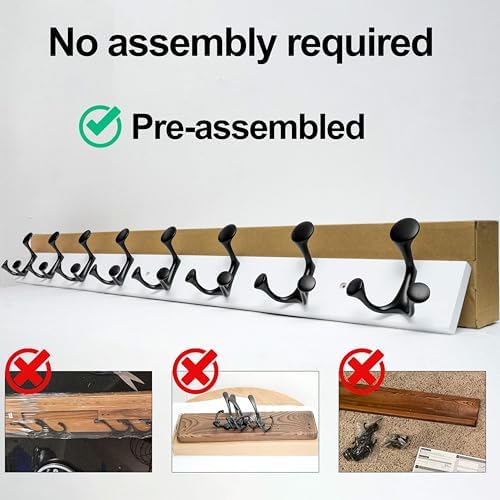 WEBI Coat Rack Wall Mount,36" Solid Wood Coat Hooks Wall Mounted Coat Hanger,16" Hole to Hole,Heavy Duty Hook Rack Rail,6 Triple Hooks for Hanging Coats,Jacket,Clothes,Hat,Backpack,White - Image 6