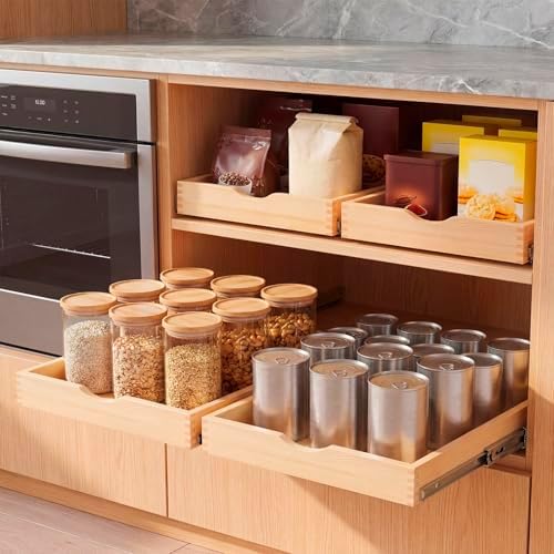 Menkxi 2 Set Wooden Pull out Cabinet Organizer Fully Assembled Slide out Pantry Drawer with Gentle Close Storage Shelf Tray for Base Kitchen Under Sink Bathroom (Wood Color,14'' X 21'' X 3'') - Image 6