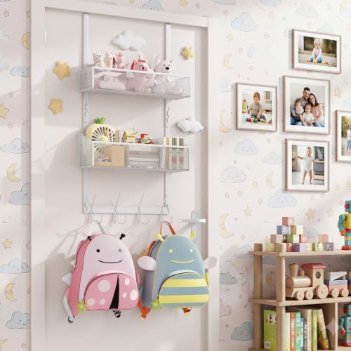 BAKON Over-the-Door Storage Organizer, Heavy-Duty Behind Door Rack with 2 Mesh Baskets & 4 Hooks for Towels Coats Keys, Space Saving for Bathroom Bedroom Kitchen Office, White - Image 7