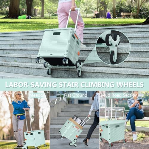 Foldable Utility Cart with Stair Climbing Wheels,Collapsible Rolling Crate with Magnetic Lid Telescopic Cover,Telescoping Handle,360° Rotate Wheel Hand Cart for Teacher Shopping Moving Grocery(Green) - Image 7