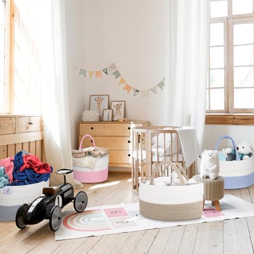 KiddyCare Baby Diaper Caddy Organizer, Cotton Nursery Baby Gift Basket with Handle Lid Baby Caddy Organizer, Portable Baby Basket Diapers & Wipes, Basket for Moms, Wheat Field - Large - Image 6