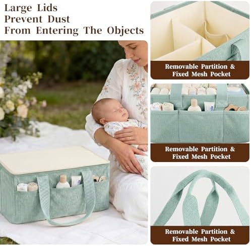 Baby Diaper Caddy Organizer with Portable Changing Mat-Portable Baby Organizers and Storage, Gift for Baby Shower, Corduroy Baby Essentials Organizer with Removable Dividers (Green) - Image 7