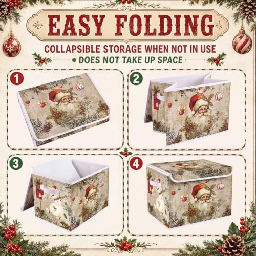 Briwooody Vintage Christmas Storage Bin with Lid and Carrying Handle Retro Santa Claus Foldable Storage Box Large Xmas Decorative Collapsible Container Basket for Organizing Closet Home Bedroom Gift - Image 6