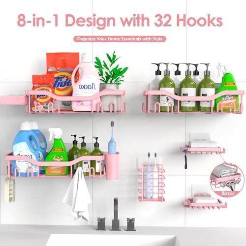 NESOMI Shower Caddy Adhesive Shower Organizer 8-Pack, Rustproof Stainless Steel Bathroom Shelves, Large Capacity No-Drill Rack Storage Accessories with Soap Dish Toothbrush Holder Hooks - Image 7