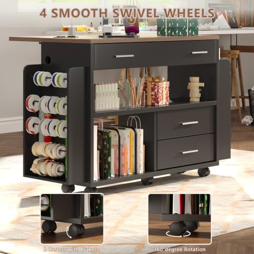 Gift Wrapping Station Cart with Foldable Drop Leaf, Crafting Storage Table - Image 6